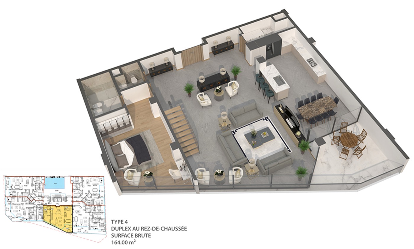 Plan 3D du duplex — rez-de-chaussée, 164 m²