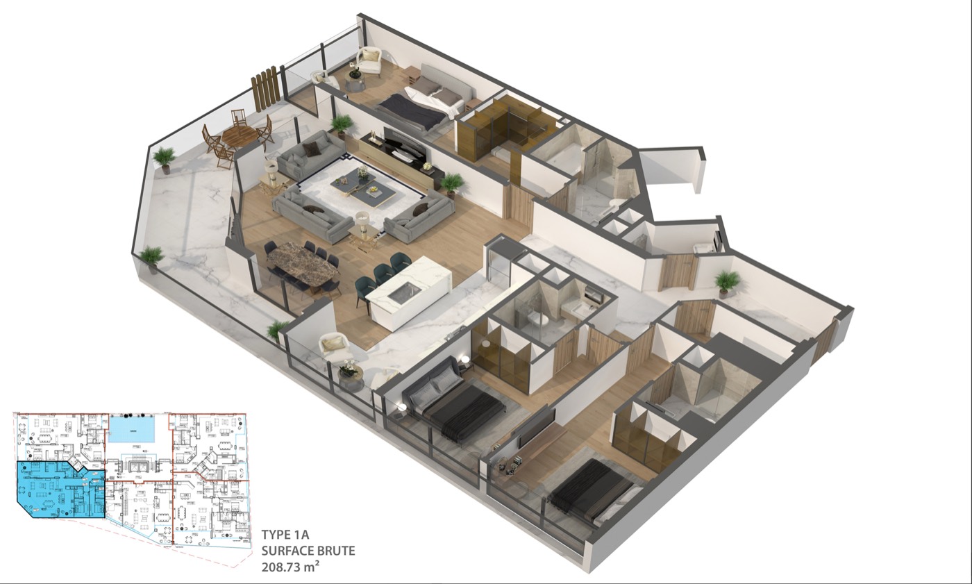 Plan 3D d'un appartement F4 — 208,73 m² surface brute