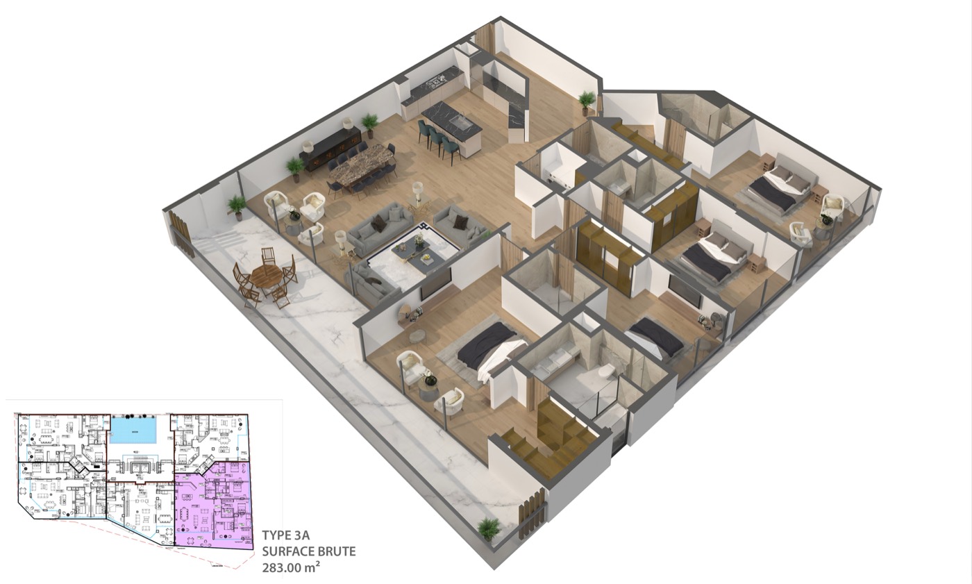 Plan 3D de l'appartement F5 — 283 m² surface brute