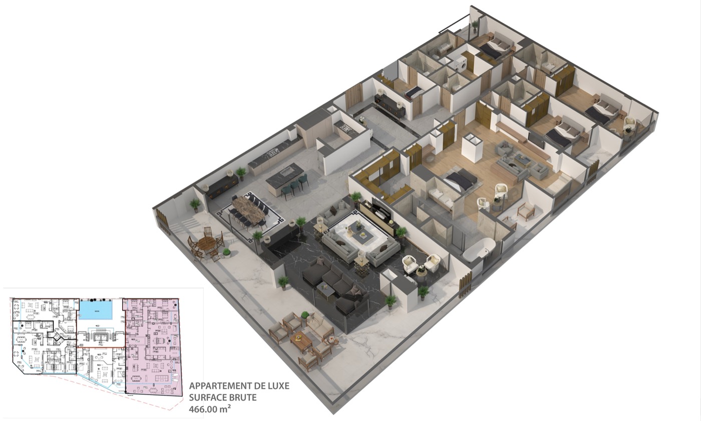Plan 3D du penthouse — 466 m² surface brute